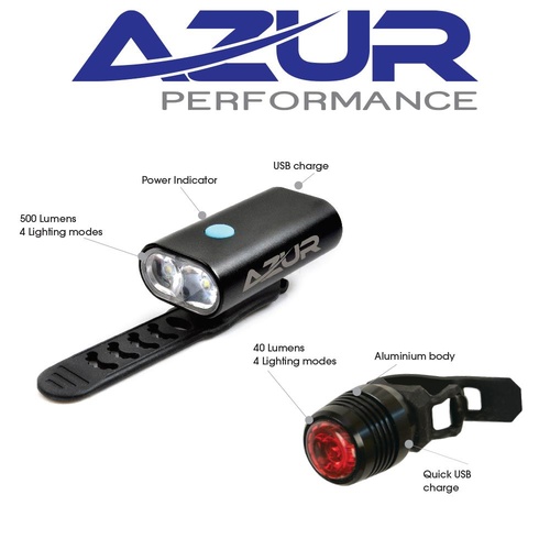 Azur USB Rechargeable 500 Front & Rear Bike Cycling Bicycle Light Set Combo 