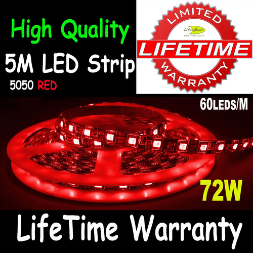 72W 5M 300 Leds 5050 Strip Strips Light Lifetime Warranty WaterProof 12V Red